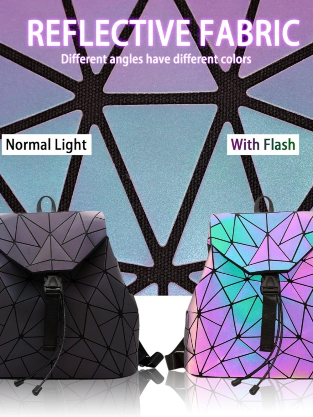 Amazon Reflective Geometric Backpack in Black and Iridescent Pink/Blue